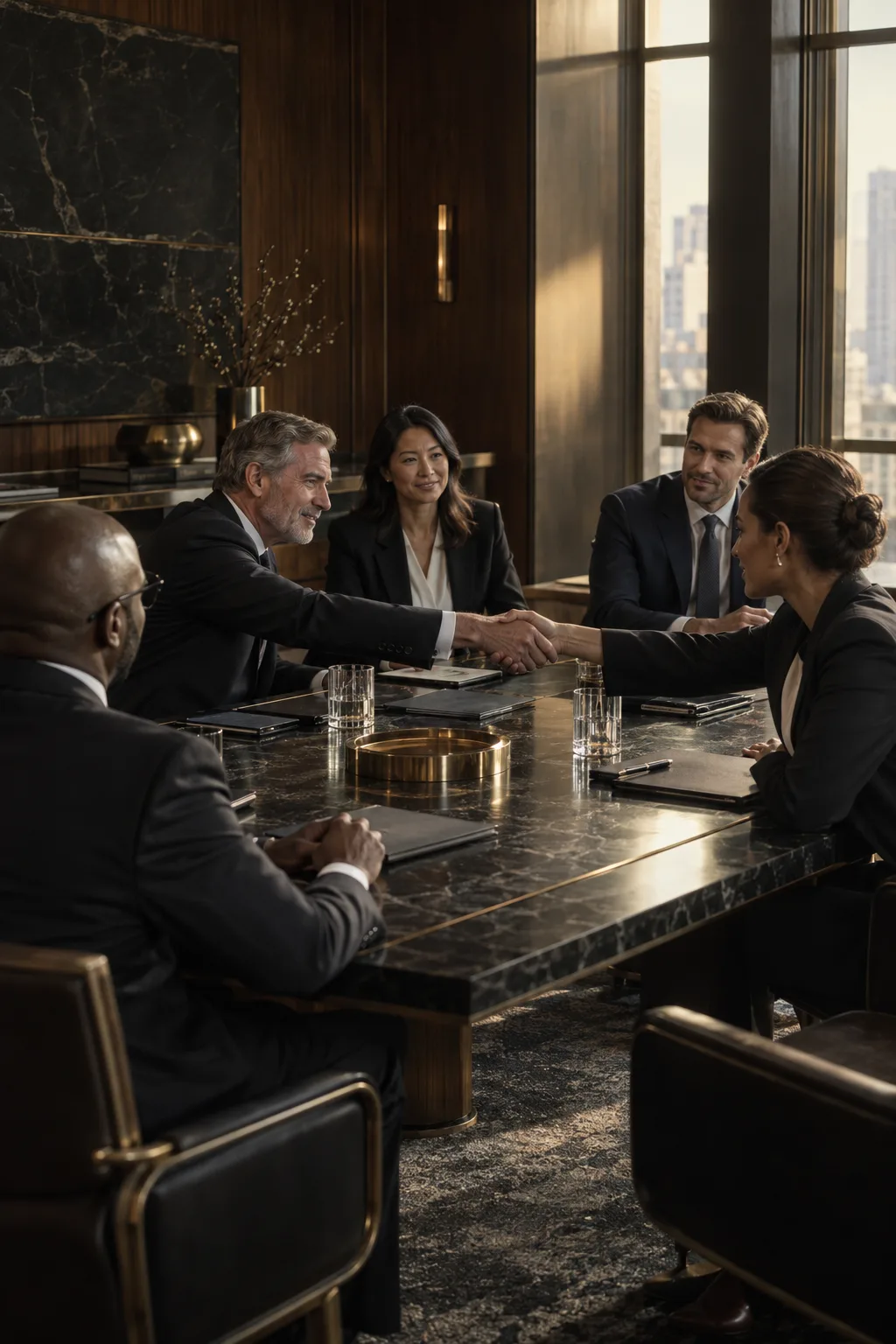 Business leaders discussing a partnership around a boardroom table
